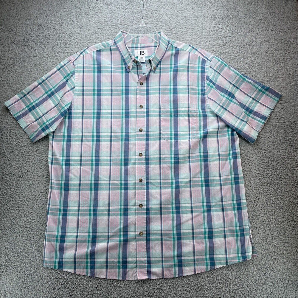 HB Harbor Bay Shirt Mens XLT Pink Blue Plaid Button Up Short Sleeve Big Tall